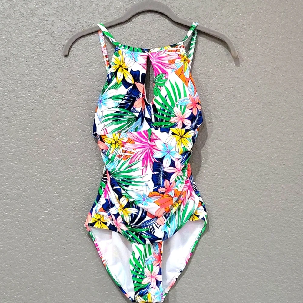 Ellen Tracy One piece Swimsuit swimwear Highneck tummy control padded bra size 8
